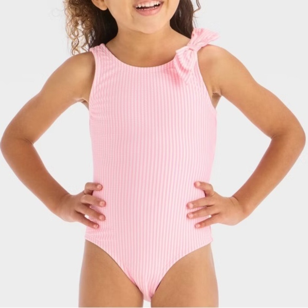Cat & Jack Toddler Girls' Seersucker Striped One Piece Swimsuit With Bow Pink 4T